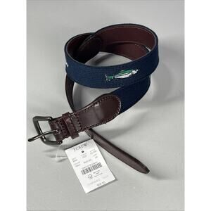 J Crew Leather Backed Fish Belt Mens 30 Blue Brown Cotton Embroidered